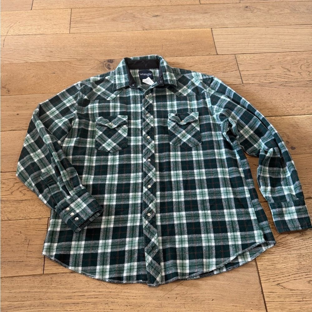 Wrangler Mens XL Green‎ Plaid Cotton Flannel Western Snap Shirt 75273AA (1072)